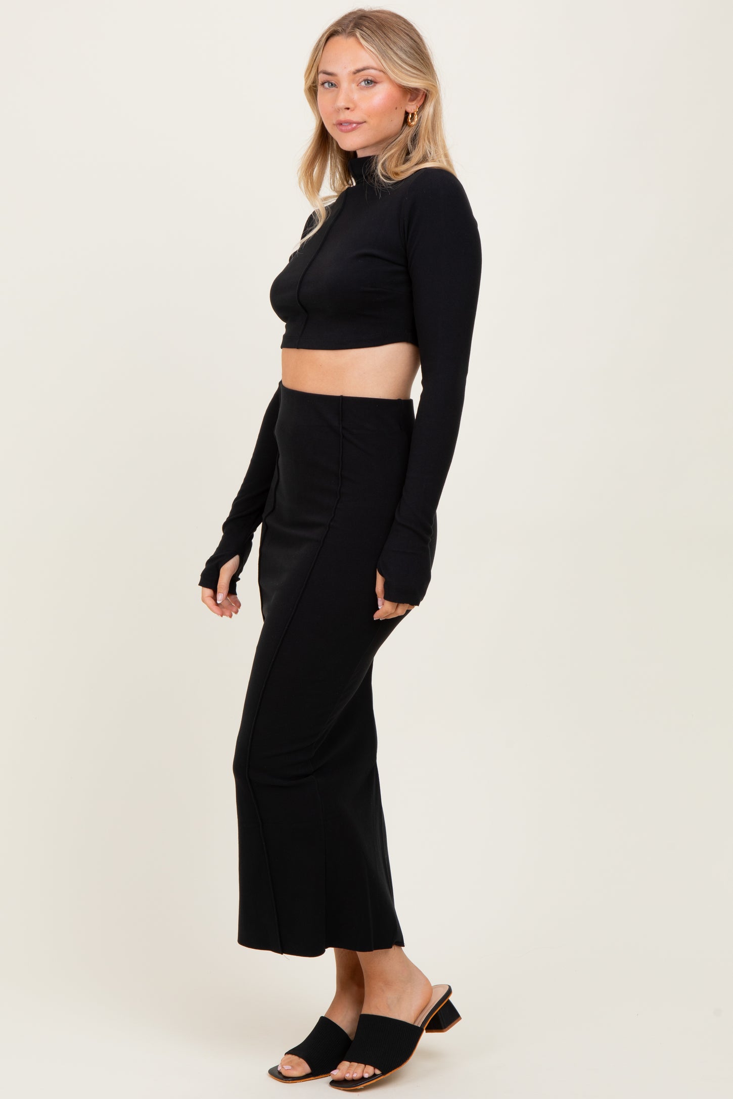 Black Mock Neck Long Sleeve Crop Midi Skirt Set