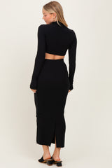 Black Mock Neck Long Sleeve Crop Midi Skirt Set