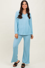 Light Blue Ribbed Soft Knit Long Sleeve Maternity Pajama Set