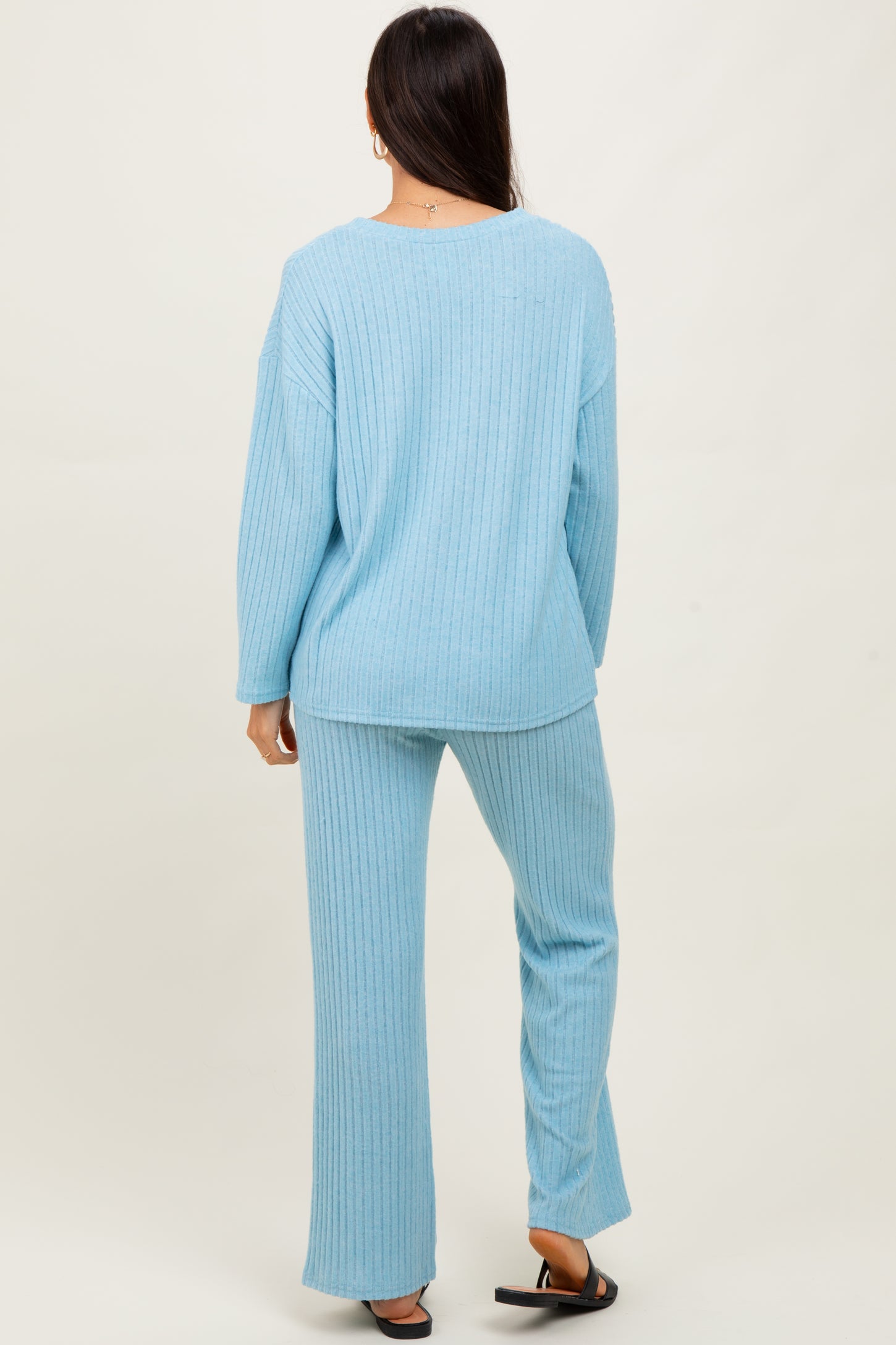 Light Blue Ribbed Soft Knit Long Sleeve Pajama Set