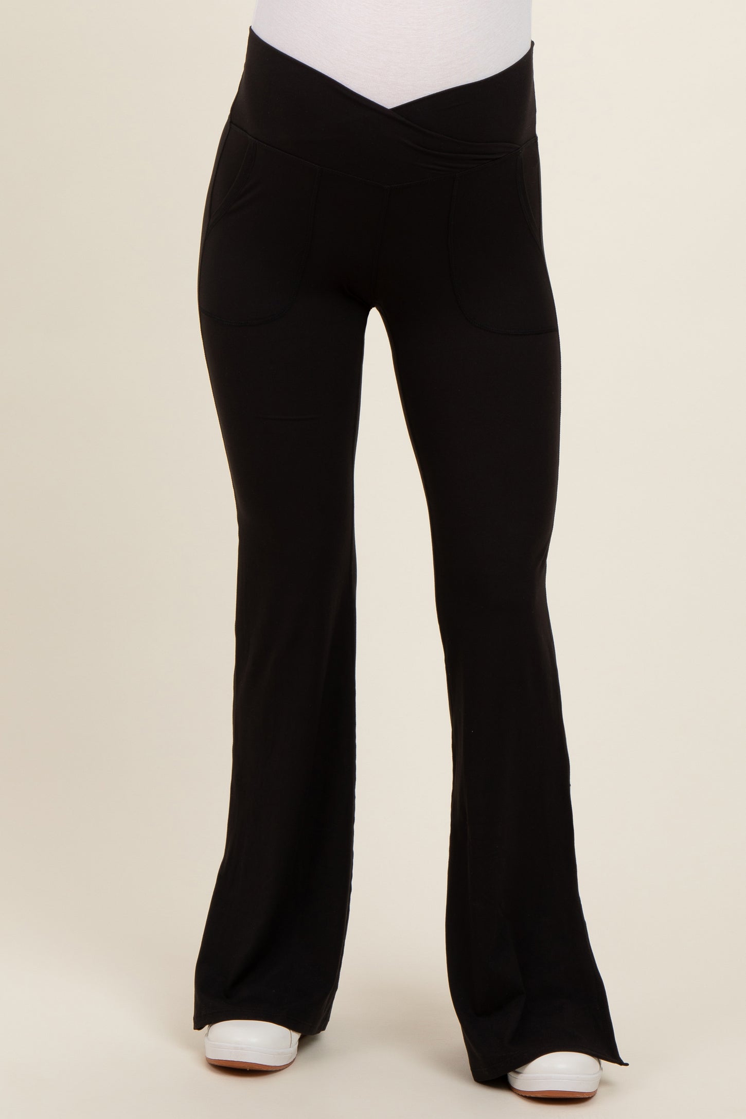Black Crossover Waist Maternity Flared Leggings