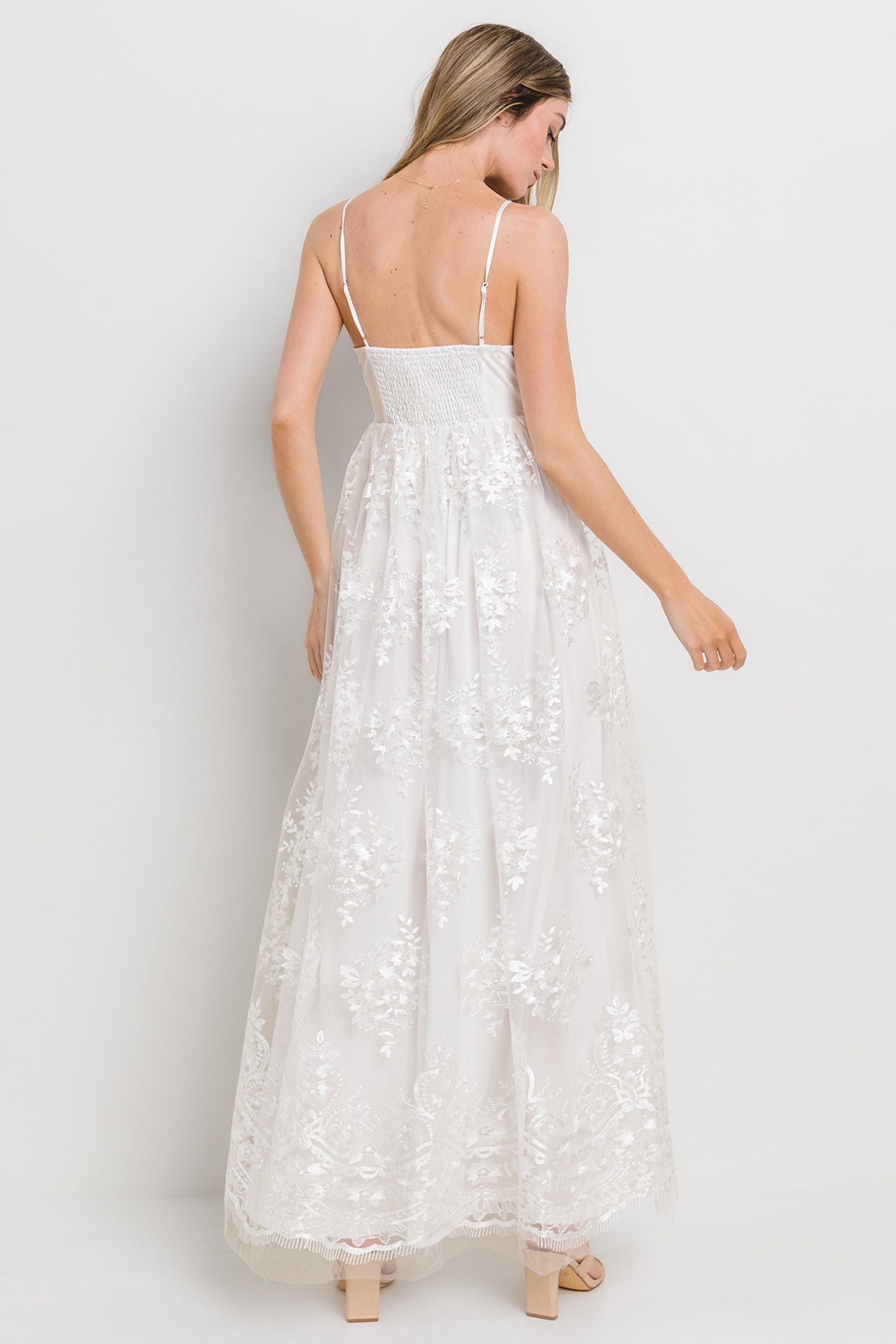 Ivory Floral Lace Overlay Maxi Dress