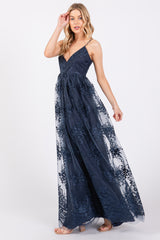 Navy Floral Lace Overlay Maxi Dress
