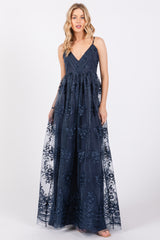 Navy Floral Lace Overlay Maxi Dress