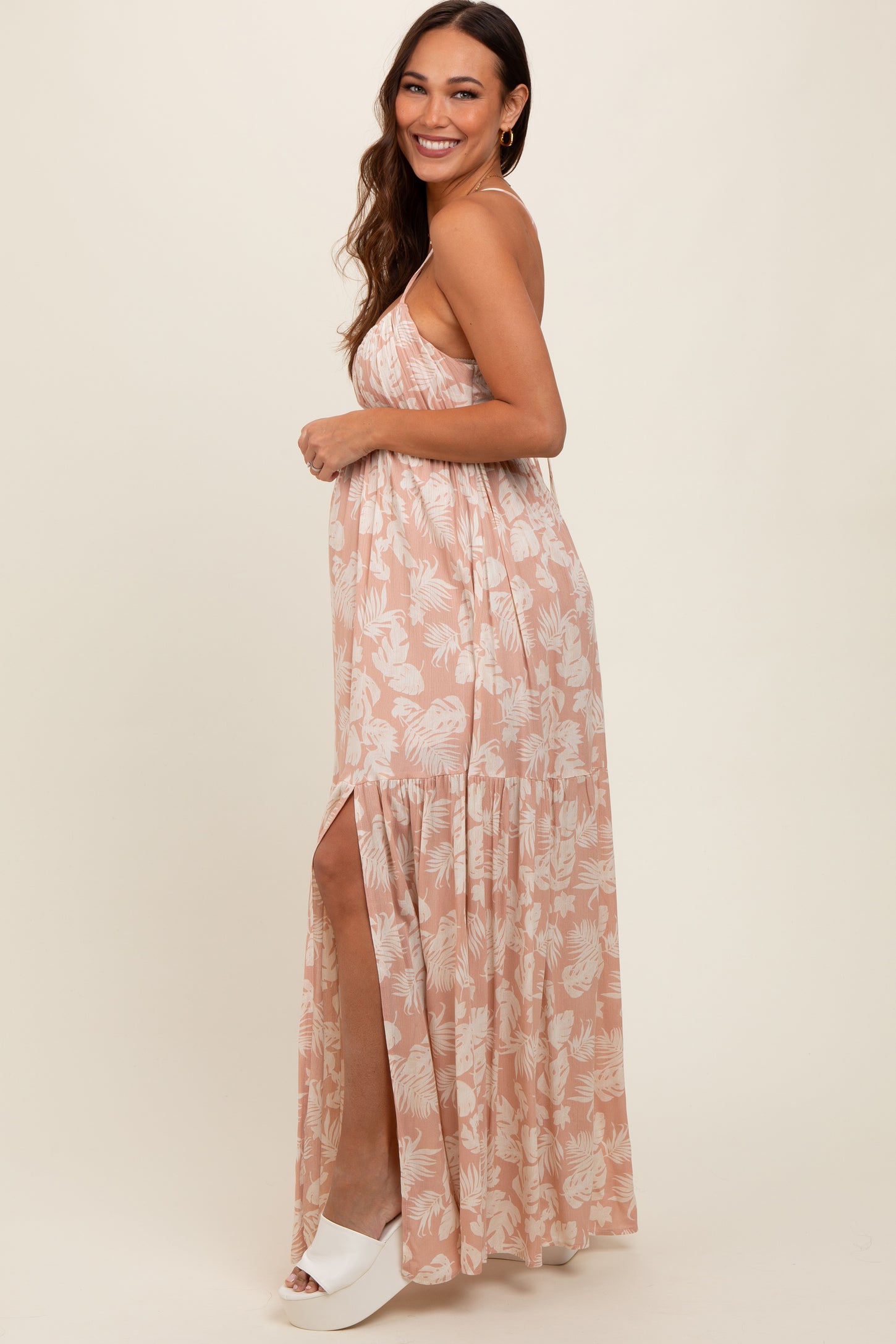 Light Pink Foral Front Cutout Open Cross Back Maternity Maxi Dress