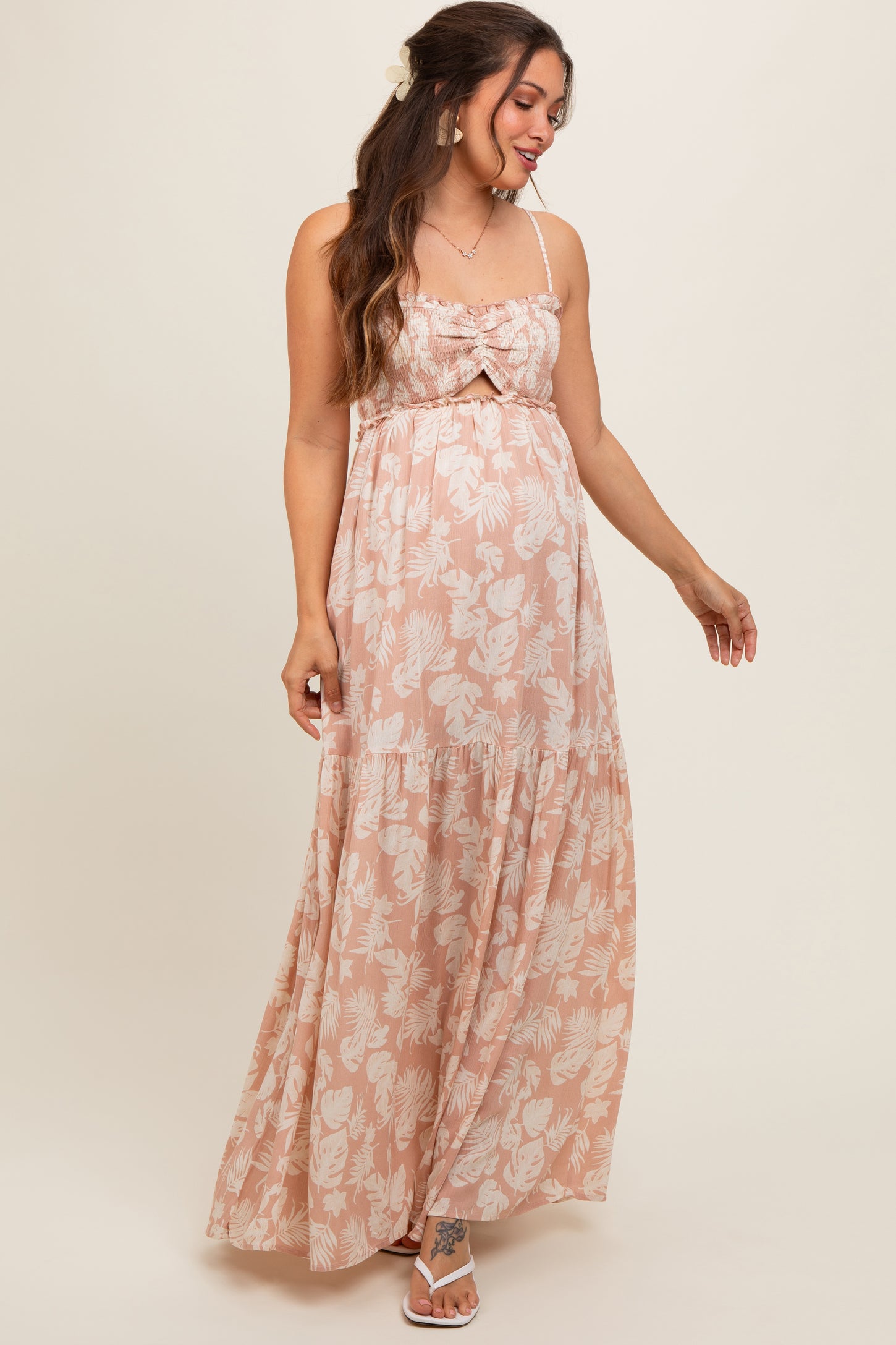 Light Pink Floral Sweetheart Smocked Front Cutout Maternity Maxi Dress PinkBlush Light Pink Floral Sweetheart Smocked Front Cutout Maternity Maxi Dress PinkBlush
