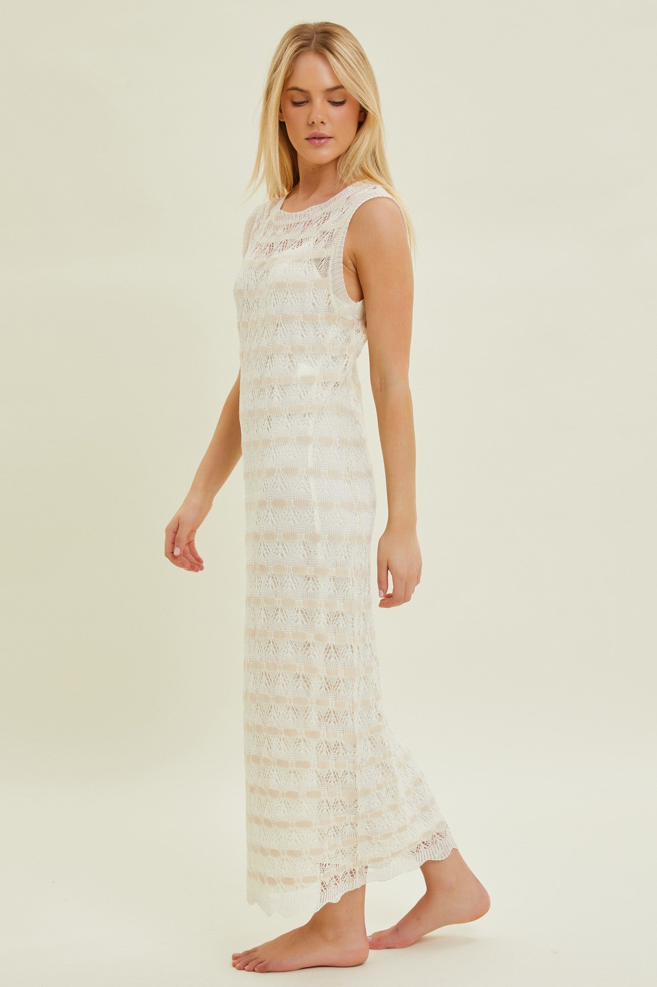 Beige Crochet Knit Sleeveless Midi Dress