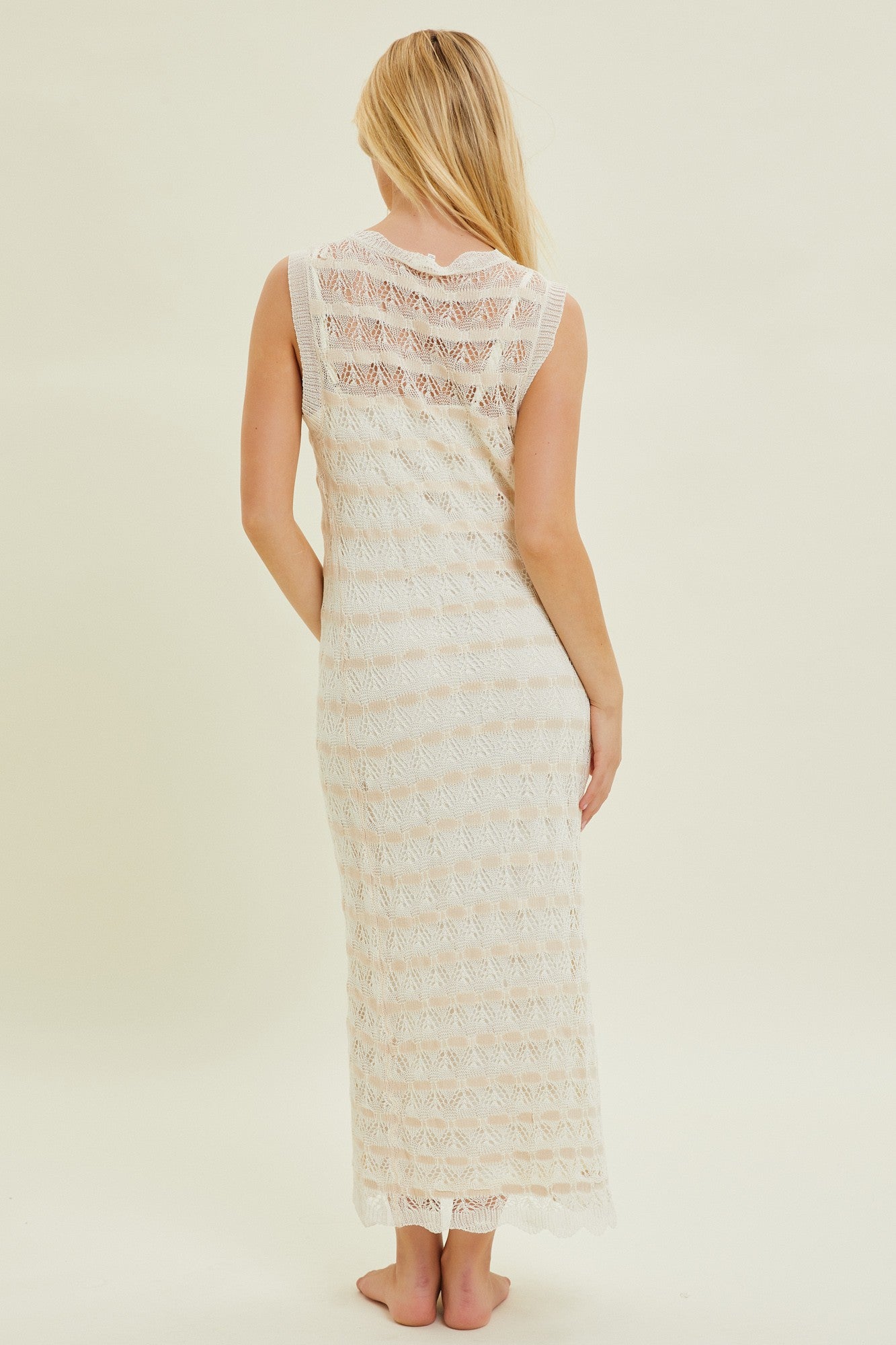Beige Crochet Knit Sleeveless Midi Dress