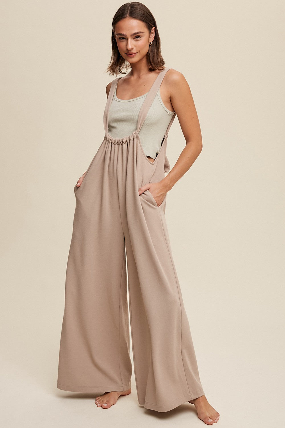 Beige Ribbed Drawstring Wide Leg Jumpsuit