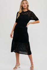 Black Open Knit Crochet Midi Dress
