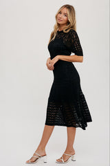 Black Open Knit Crochet Midi Dress