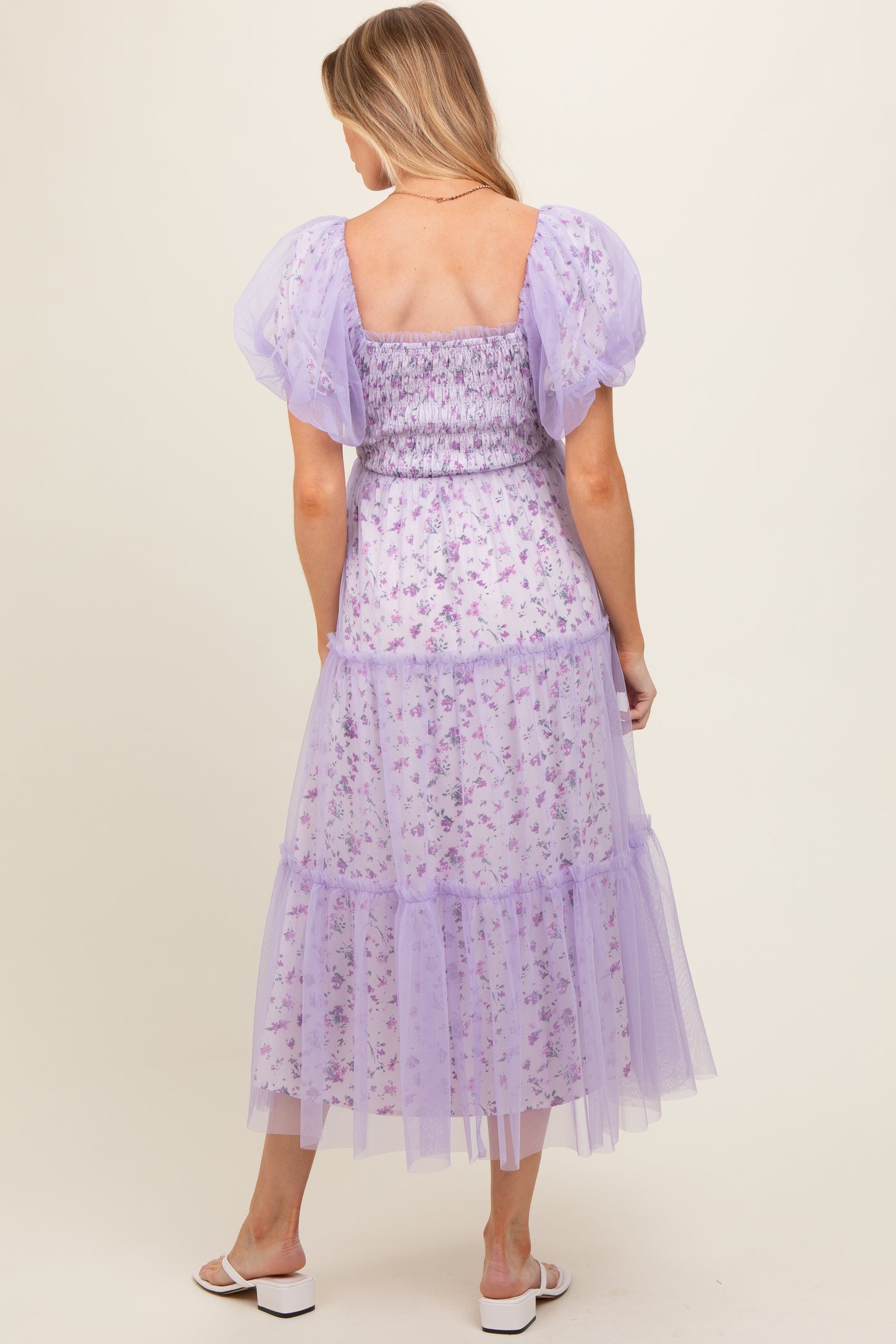 Lavender Floral Lined Smocked Tulle Maternity Midi Dress