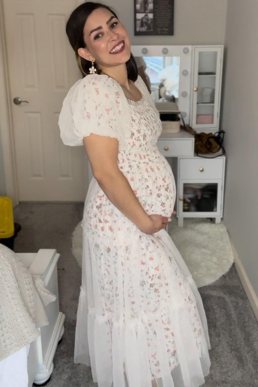 Cream Floral Lined Smocked Tulle Maternity Midi Dress