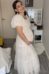 Cream Floral Lined Smocked Tulle Maternity Midi Dress