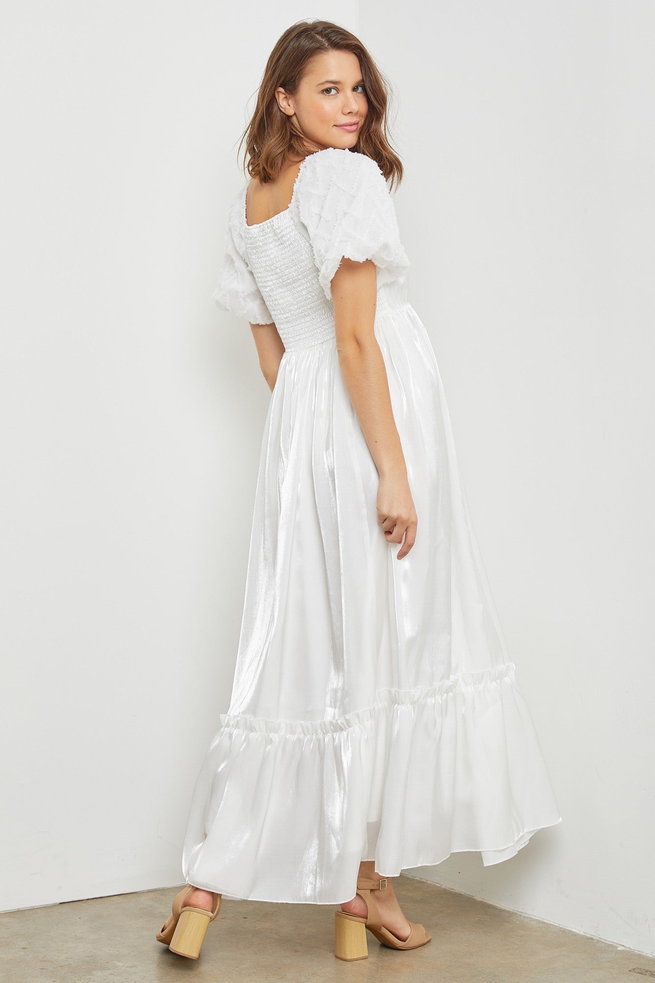 White Iridescent Textured Puff Sleeve Midi Dress White Iridescent Textured Puff Sleeve Midi Dress