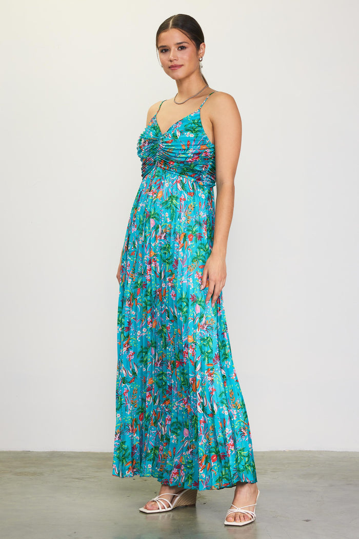 Teal Floral Pleated Ruched Front Midi Dress