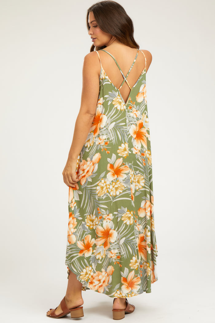 Light Olive Floral Cross Back Maternity Midi Dress
