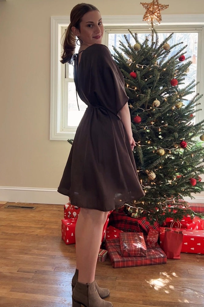 Brown Flowy Sleeve Surplice Back Tie Pleated Dress