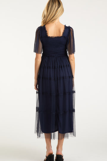 Navy Ruffled Mesh Maternity Maxi Dress