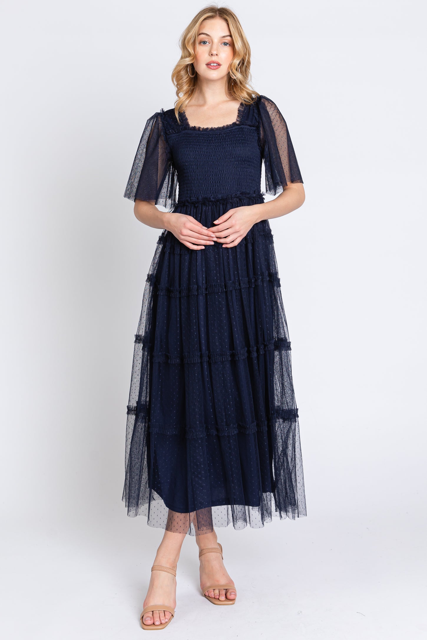 Navy Ruffled Mesh Maternity Maxi Dress
