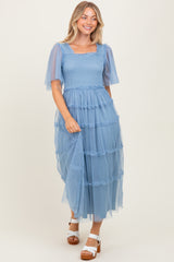 Blue Ruffled Mesh Maxi Dress