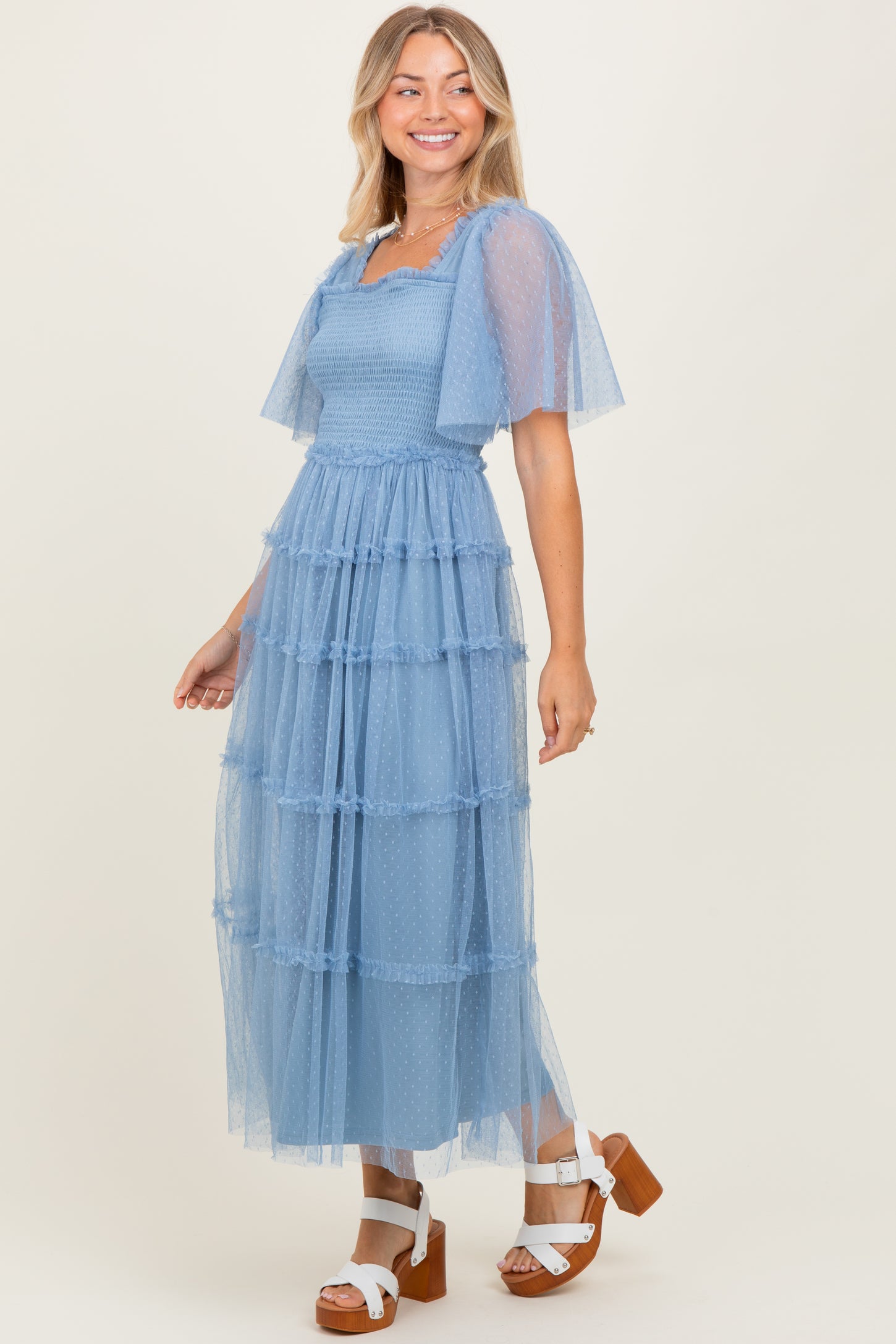 Blue Ruffled Mesh Maxi Dress