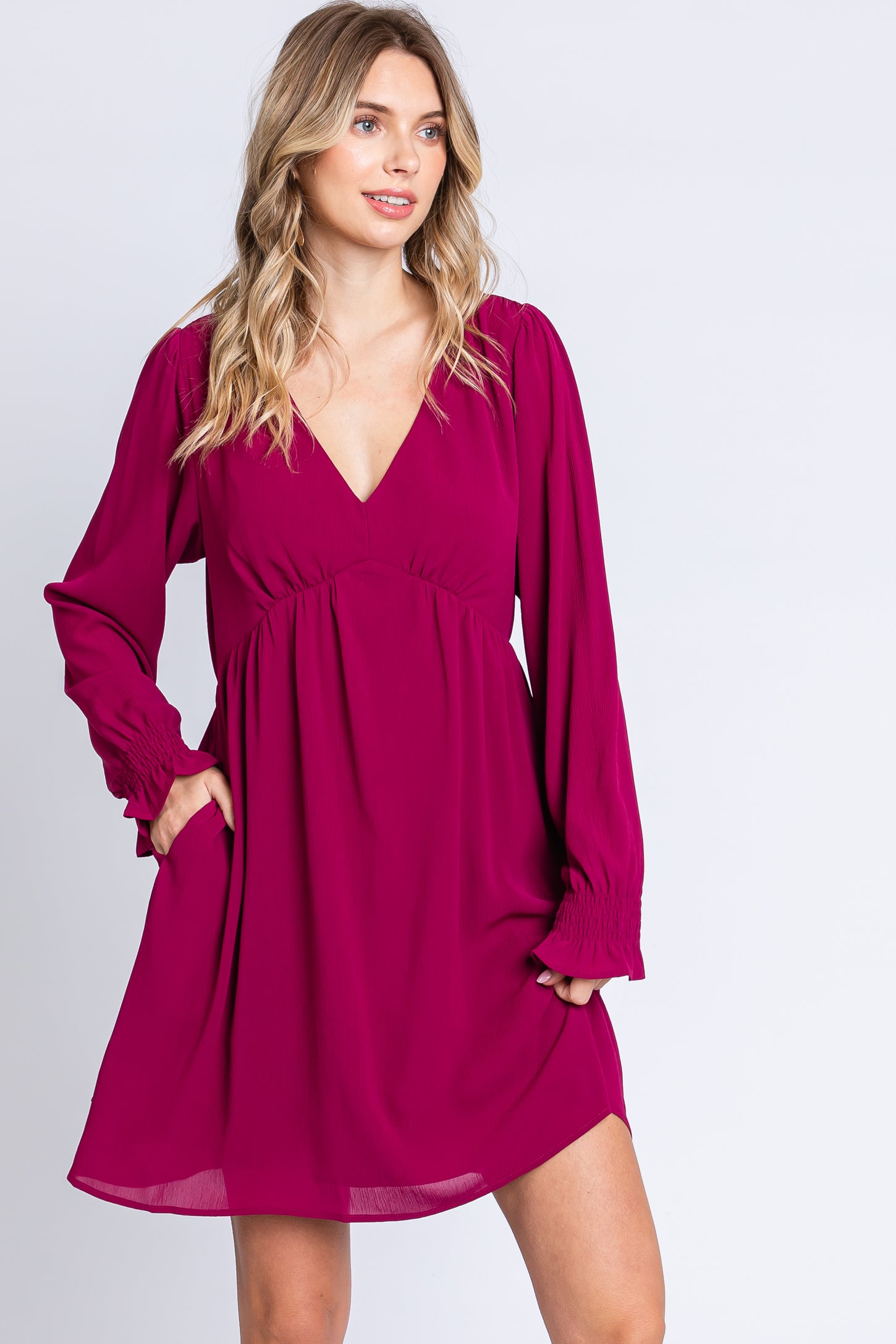 Magenta V-Neck Long Sleeve Dress