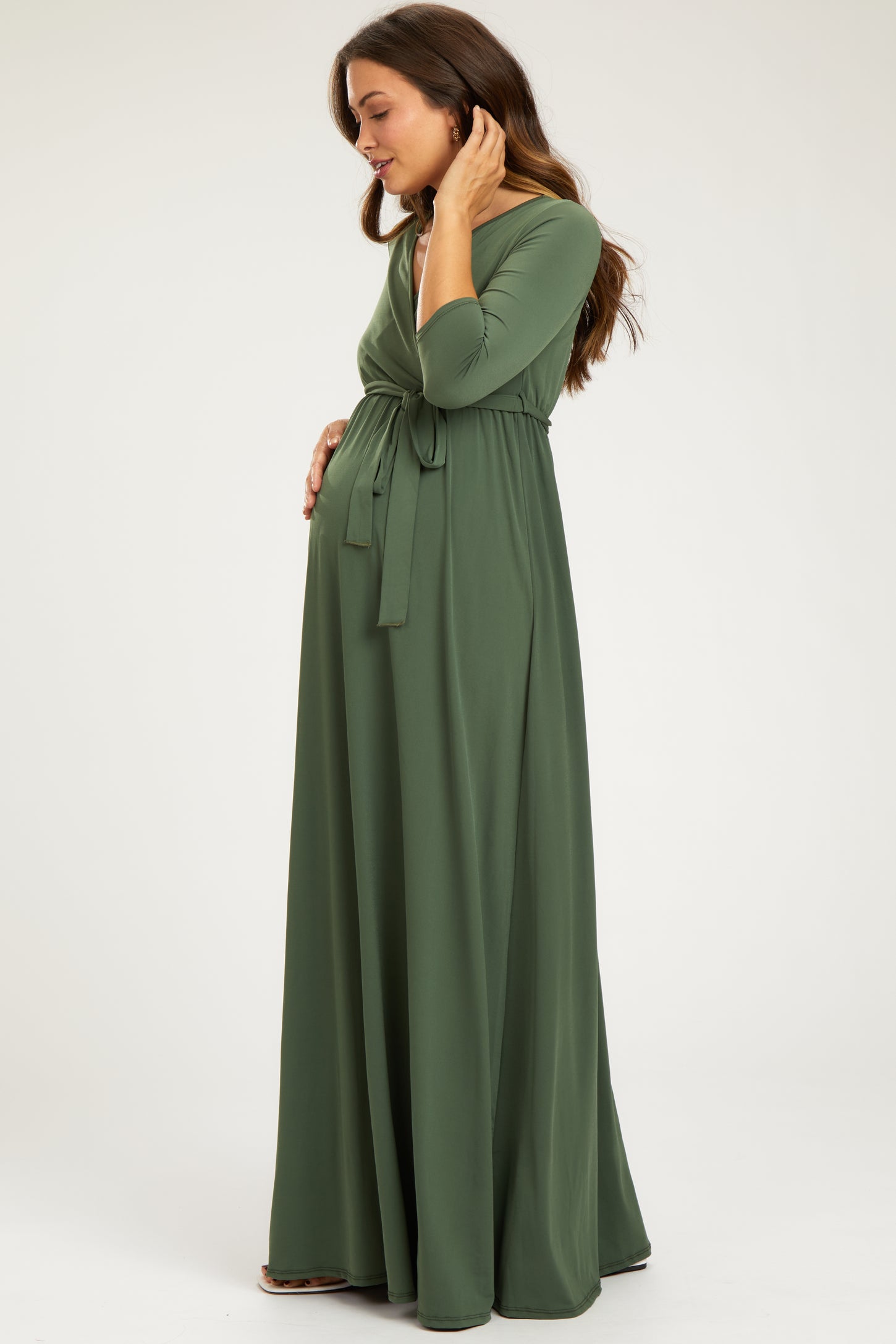 PinkBlush Light Olive Draped 3/4 Sleeve Maternity Maxi Dress