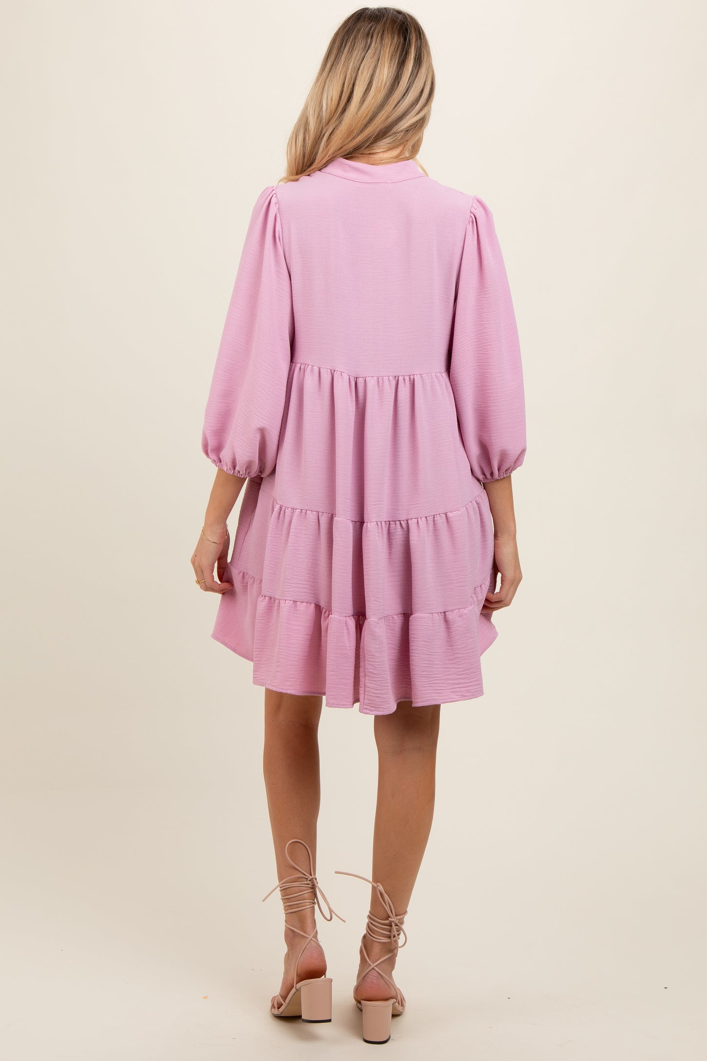 Pink Pleated Front Tie Tiered Maternity Dress