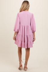 Pink Pleated Front Tie Tiered Maternity Dress