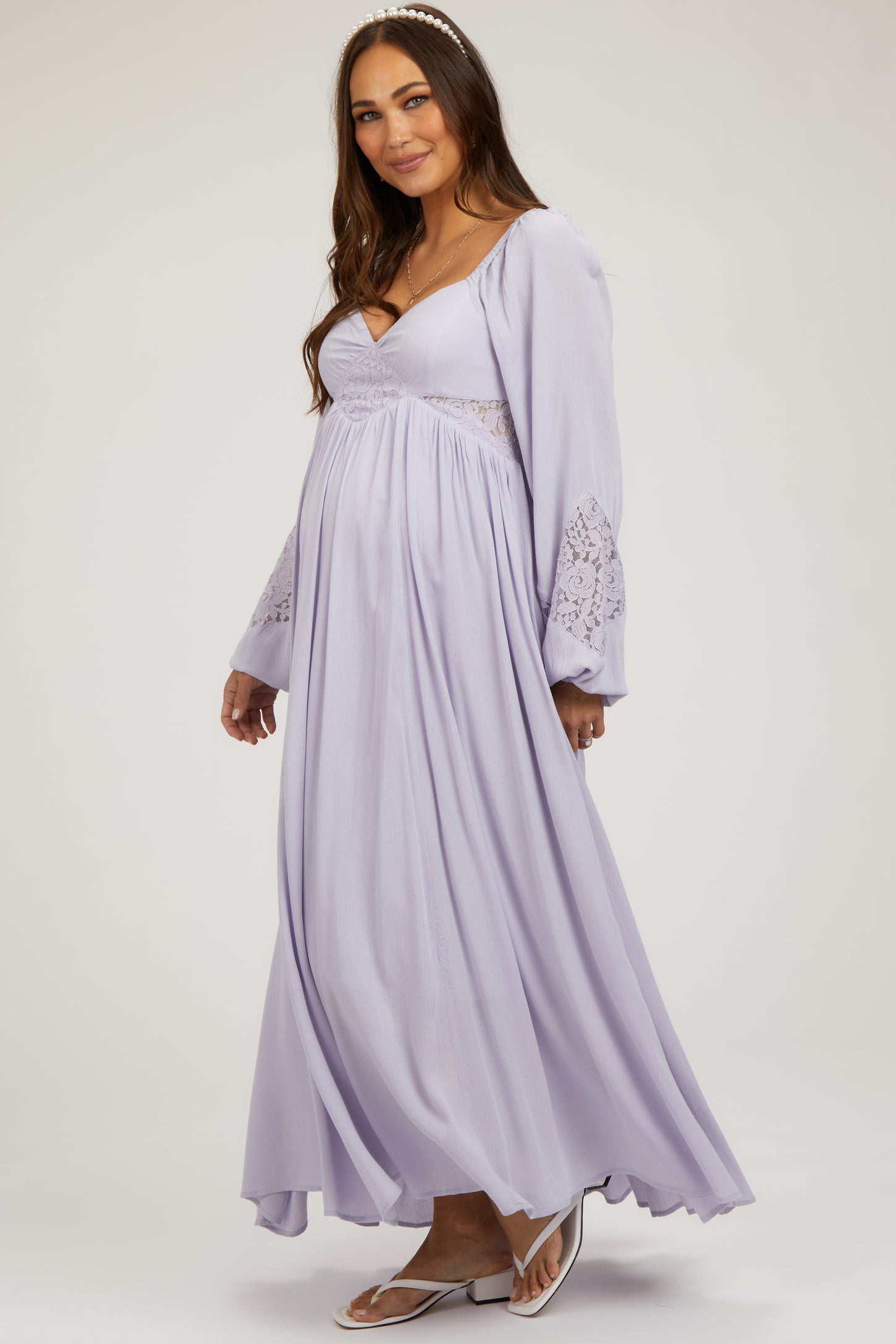 Lavender Lace Accent Long Sleeve Maternity Maxi Dress PinkBlush Lavender Lace Accent Long Sleeve Maternity Maxi Dress PinkBlush