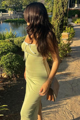 Light Olive Contrast Bow Back Slit Midi Dress