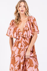 Pink Floral Deep V-Neck Ruffle Midi Dress
