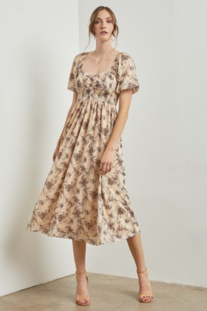 Cream Floral Smocked Short Puff Sleeve Maternity Midi Dress