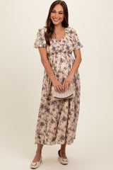 Cream Floral Smocked Short Puff Sleeve Maternity Midi Dress