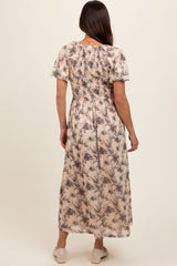 Cream Floral Smocked Short Puff Sleeve Maternity Midi Dress
