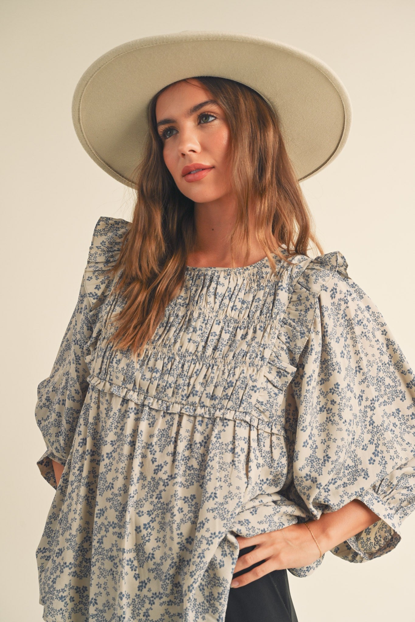 Blue Floral Ruffle Blouse