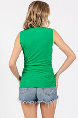 Green Ribbed Mock Neck Ruched Side Sleeveless Top