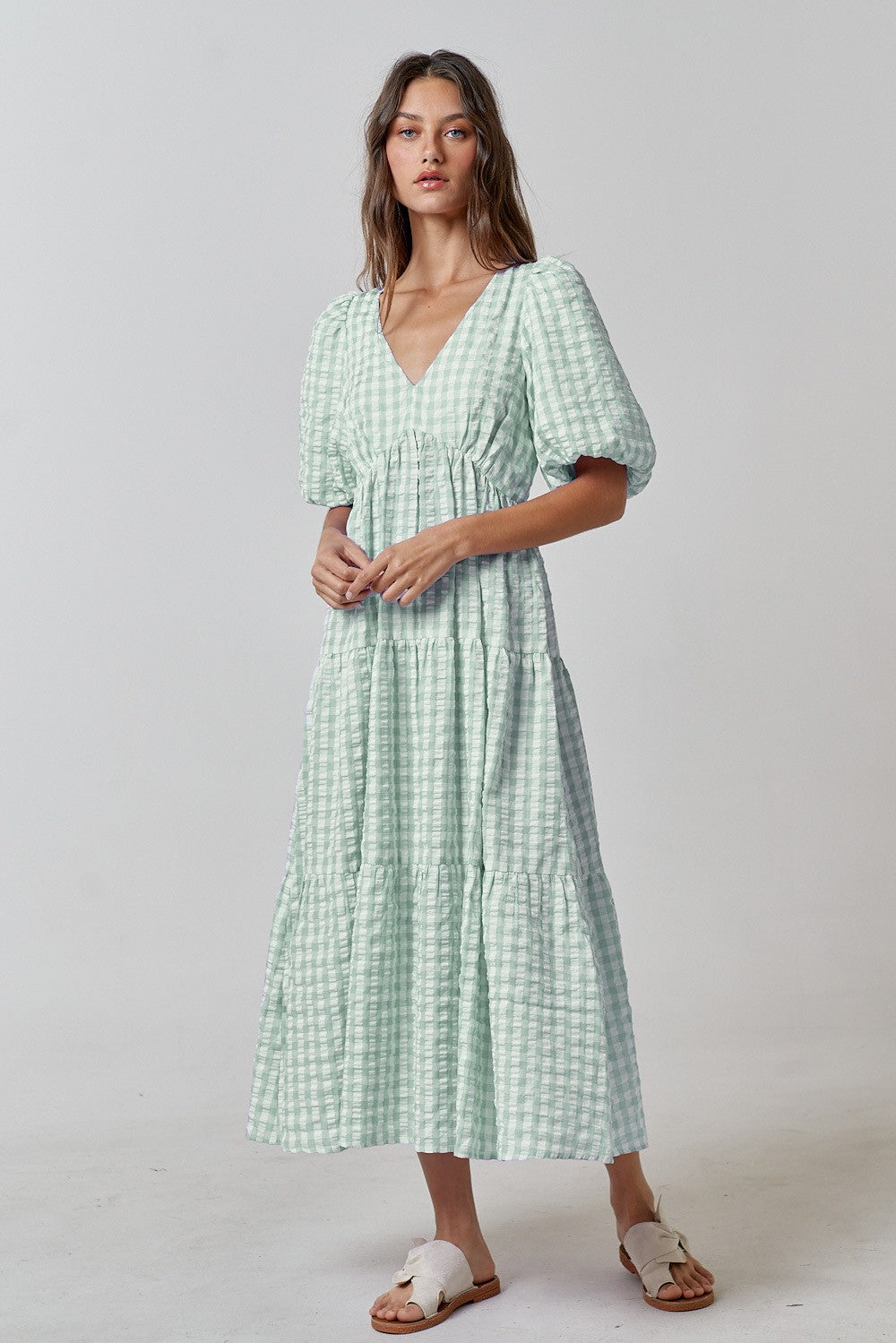 Light Olive Gingham Puff Sleeve Maternity Tiered Midi Dress PinkBlush Light Olive Gingham Puff Sleeve Maternity Tiered Midi Dress PinkBlush
