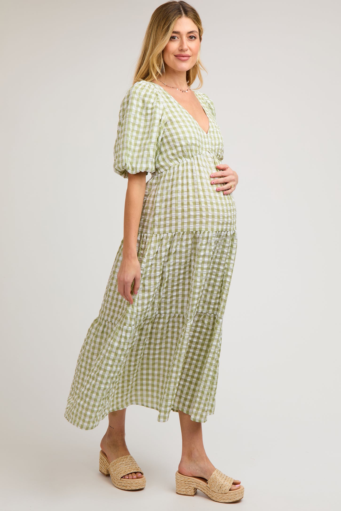 Light Olive Gingham Puff Sleeve Maternity Tiered Midi Dress PinkBlush Light Olive Gingham Puff Sleeve Maternity Tiered Midi Dress PinkBlush