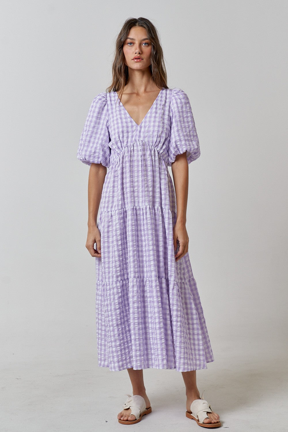 Lavender Gingham Puff Sleeve Tiered Midi Dress Lavender Gingham Puff Sleeve Tiered Midi Dress