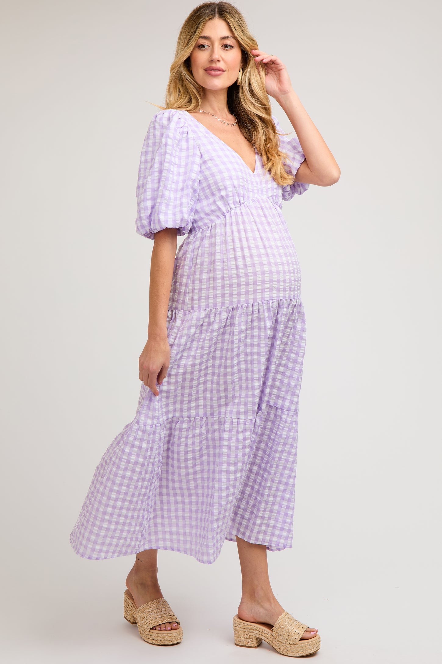 Lavender Gingham Puff Sleeve Maternity Tiered Midi Dress PinkBlush Lavender Gingham Puff Sleeve Maternity Tiered Midi Dress PinkBlush