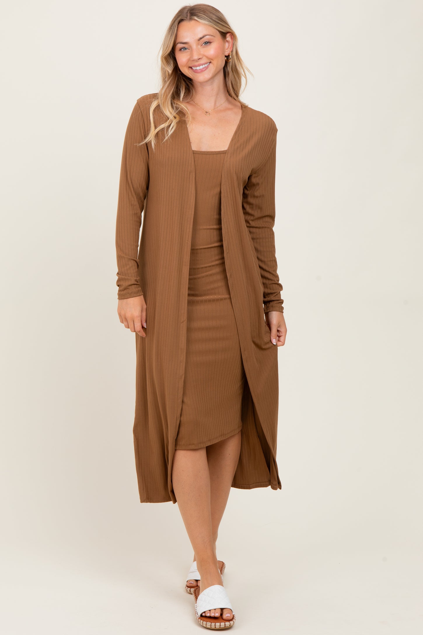 Camel Ribbed Cardigan 2 Piece Set