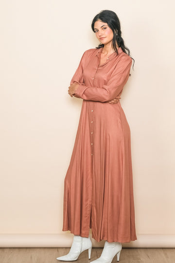 Rust Collared Button Down Long Sleeve Maxi Dress