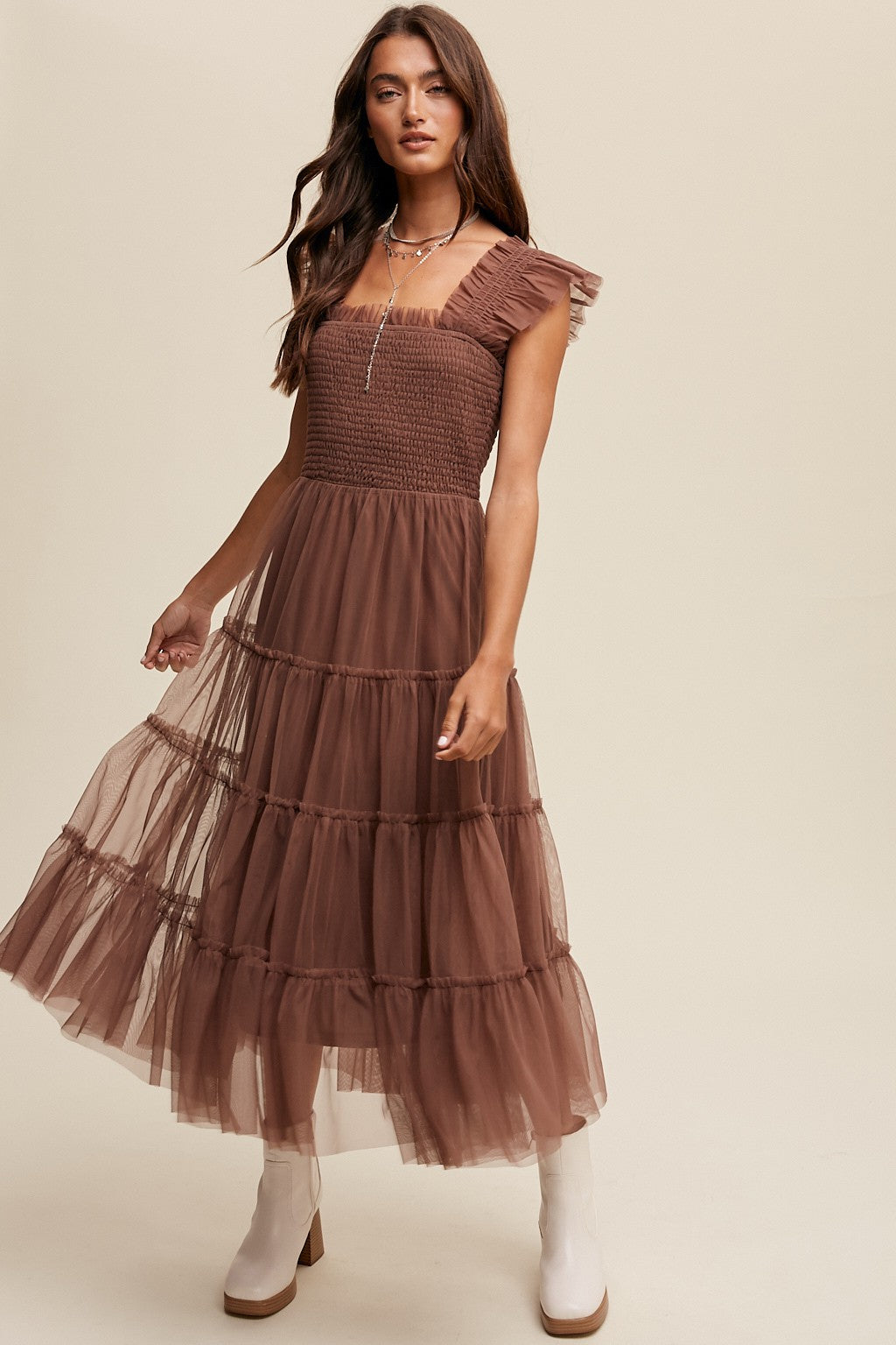 Mocha Smocked Ruffle Tiered Mesh Midi Maxi Dress – PinkBlush