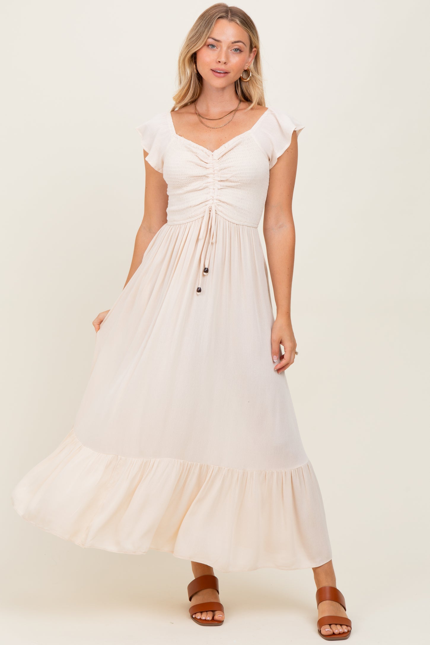 Beige Smocked Ruched Ruffle Hem Maxi Dress