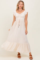 Beige Smocked Ruched Ruffle Hem Maxi Dress