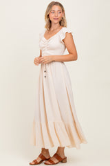 Beige Smocked Ruched Ruffle Hem Maxi Dress
