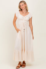 Beige Smocked Ruched Ruffle Hem Maxi Dress