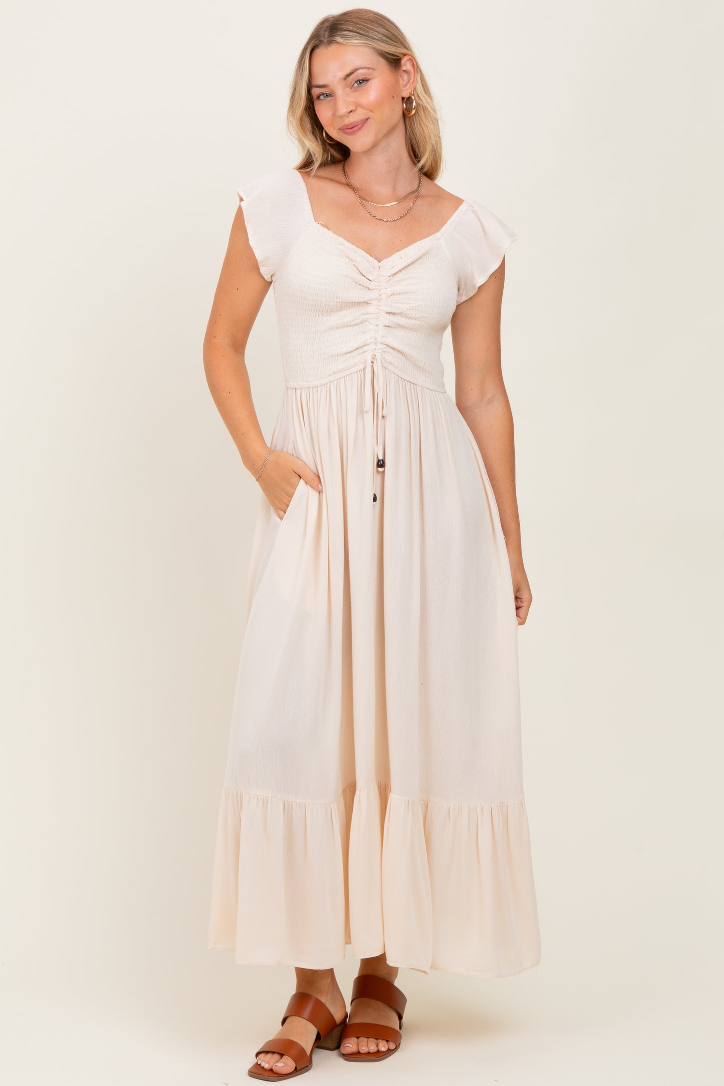 Beige Smocked Ruched Ruffle Hem Maternity Maxi Dress